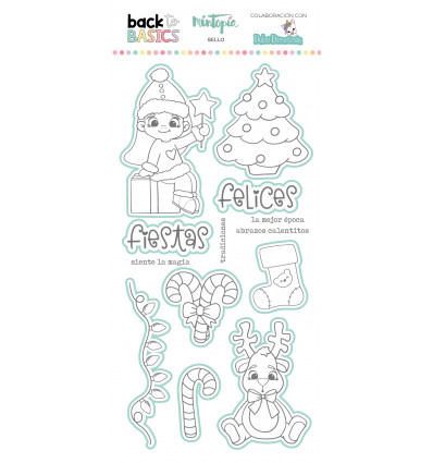 Sello y troquel coordinado Felices Fiestas Back to Basics